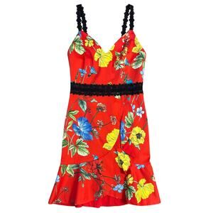 Alice + Olivia Kirby Mini Dress Floral V-Neck Lace Tulip Hem Summer Red Women 0